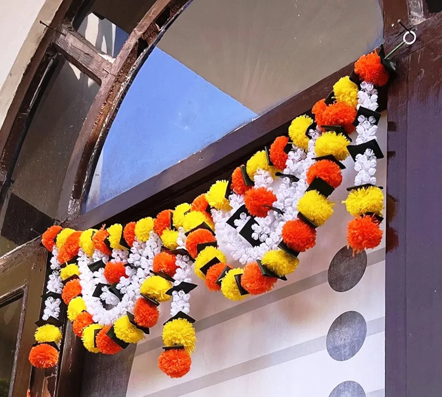 Artificial Marigold Bandanwar with Jasmine 40 Inch Yellow & Orange Flower Marigold With Fold Leaf Bandanwar