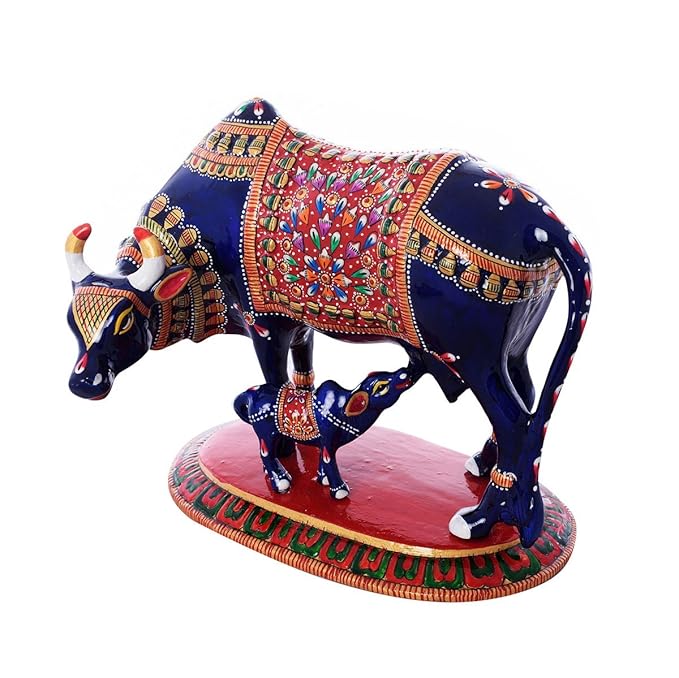 Ecraftindia Meenakari Cow and Calf Metal Figurine | Blue and Red