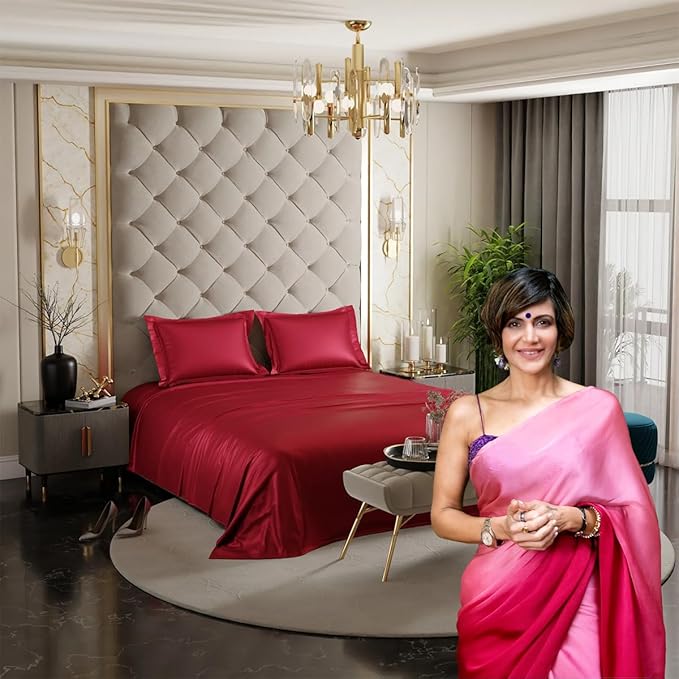 Stoa Paris Satin Bedsheets For Double Bed 300Tc Premium Bedsheet With 2 Pillow Covers Colour Flirty Red