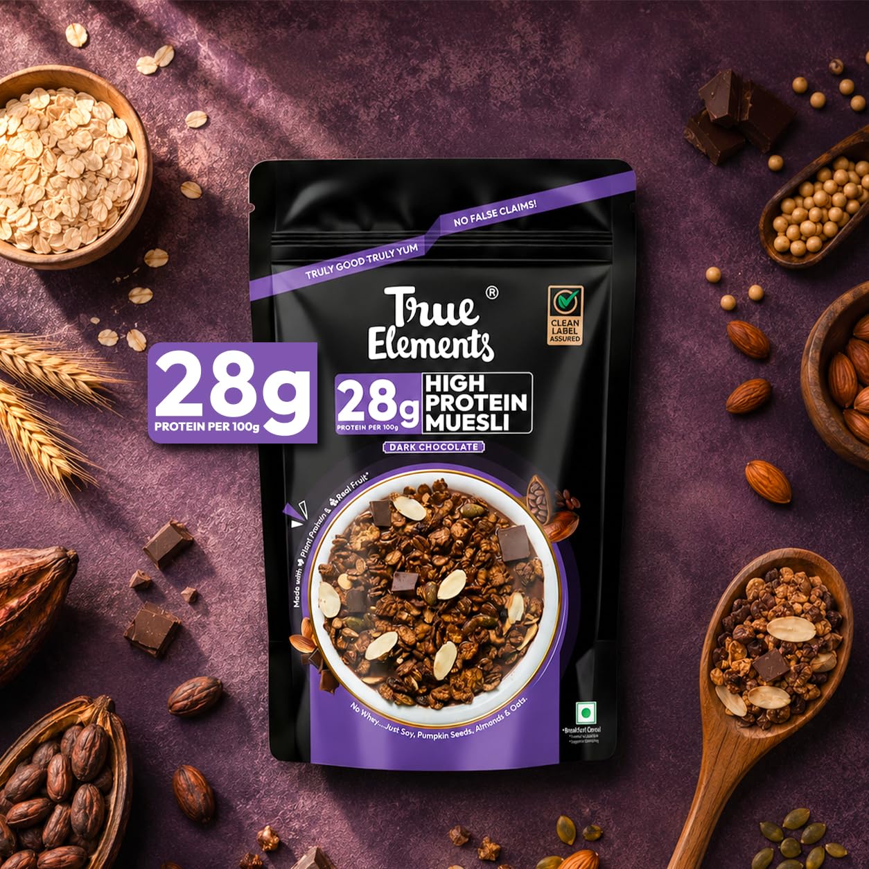 True Elements High Protein Muesli 400g | 28g Protein | Dark Chocolate | Healthy Breakfast Cereal | Rich in Nuts, Seeds & Wholegrains | No Added Preservatives