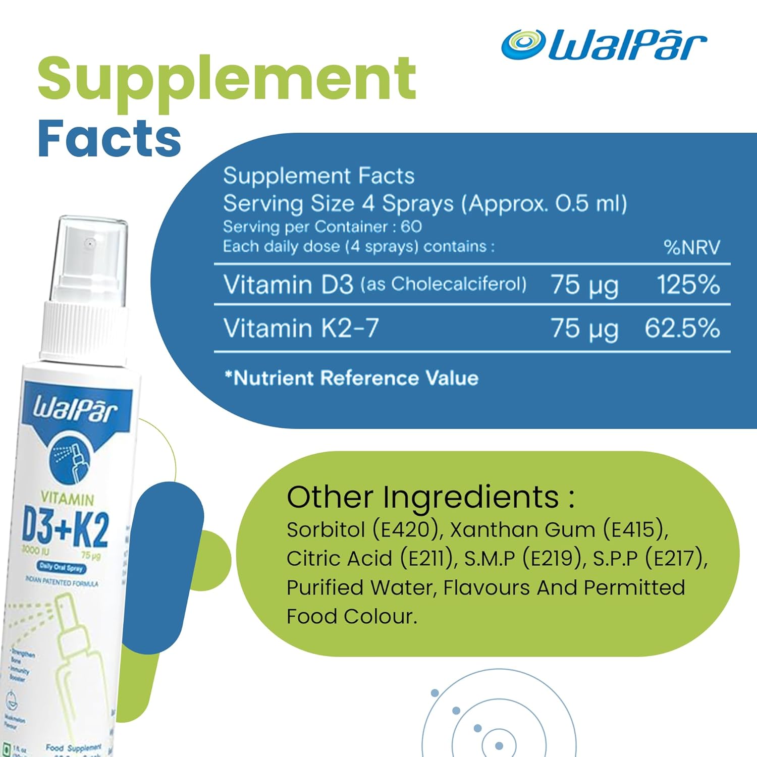 WALPAR Vitamin D3 & K2 Oral Spray (60 Doses) - 600 Iu Multivitamin Spray W/ Muskmelon Flavor - Easy Absorption Oral Vitamin D Liquid Supplement - Bone Health Support & Immune Spray For Adults - Liquid
