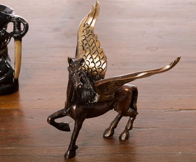 Ecraftindia Antique Finish Brass Flying Angel Horse | Brown and Black