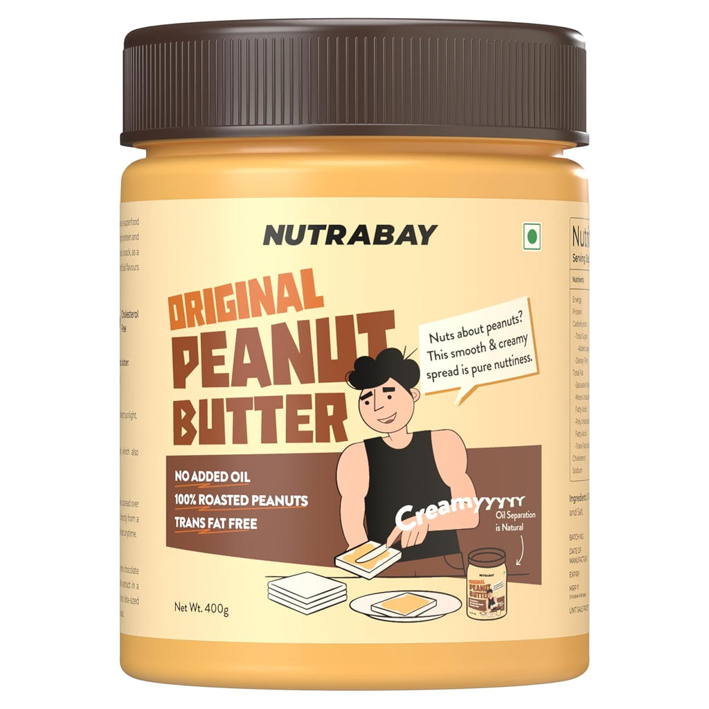 Nutrabay Foods Original Peanut Butter (Creamy) - 400g | 100% Roasted Peanuts, 28g Protein, Zero Cholesterol, Vegan, Gluten Free, Non GMO