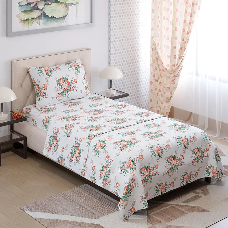 Layers Zen Cotton Blend Single Bedsheet Set 1 Single Cotton Bedsheet & 1 Pillow Cover 225 CVC Orange Floral