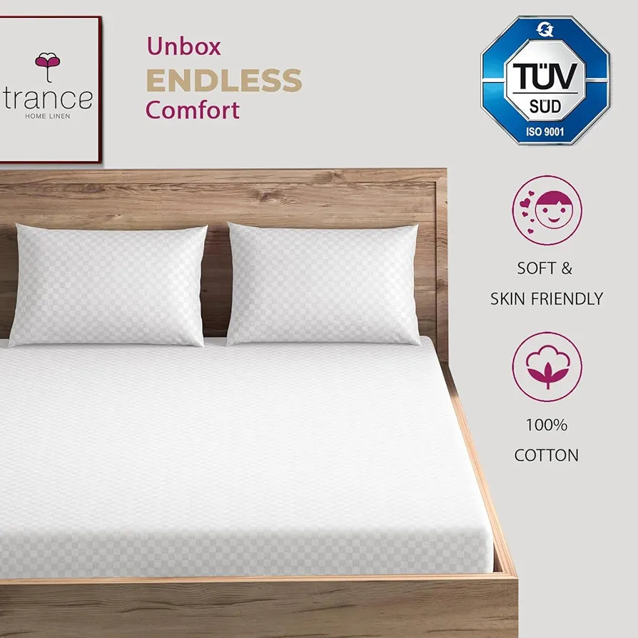 Trance Home Linen 300TC Pure 100% Cotton King Size Jacquard Weave Fitted Bedsheet with 2 Pillow Covers  78 x 72 inch Colour White