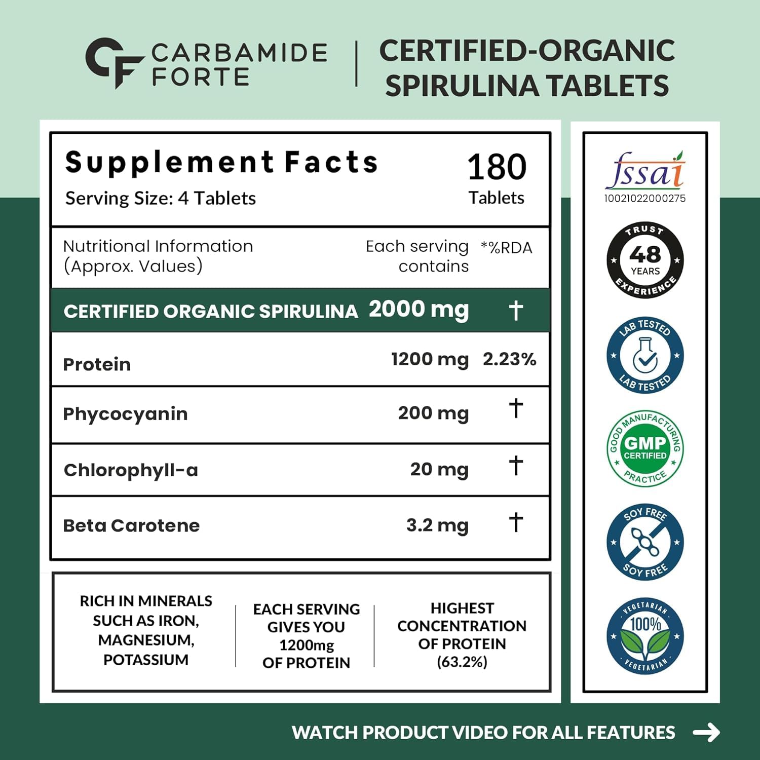 Carbamide Forte 100% Organic Spirulina Tablets 2000 mg Per Serving - Spirulina Powder Organic Tablets | Supports Energy, Immunity & Detox | Certified Spirulina Tablet - 180 Tablets