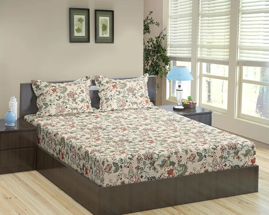 Trance Home Linen 144TC 100% Cotton 78"x60" Standard Queen Size Elastic Fitted Bedsheet Printed Queen Bed Size with 2 Pillow Covers Malhaar Colour Beige