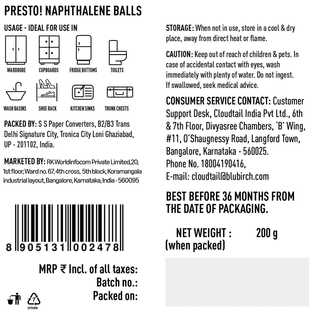 Presto! Naphthalene Balls | 400 Grams | 200 Gms X 2 Packs | Insect Repellant | Ideal For Cupboards, Bookshelves And Toilets