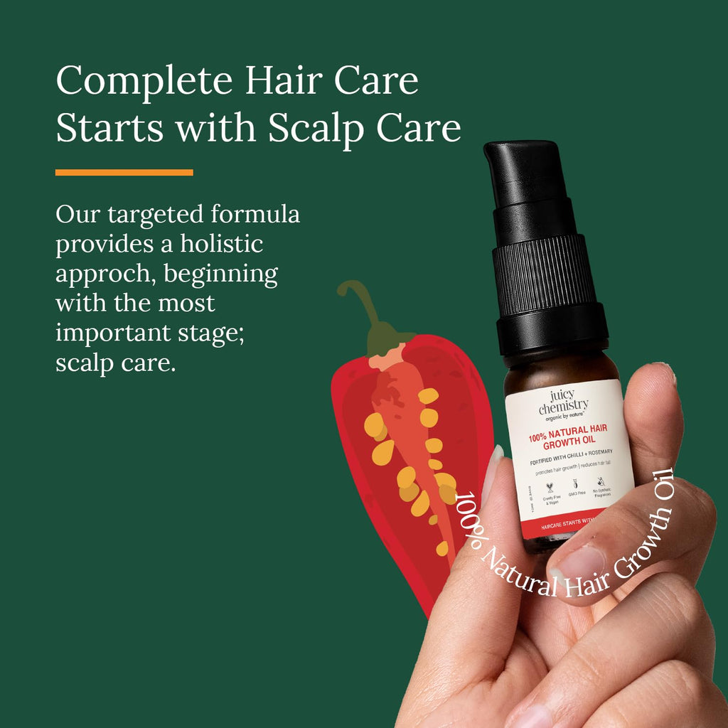 Juicy Chemistry 100% Natural Chilli + Rosemary Hair Growth Oil, 10ml | Promotes Hair Growth | Strengthens & Reduces Hair Fall | Revitalises Scalp & Hair | Improves Hair Texture | Restores Shine | Clinically Proven