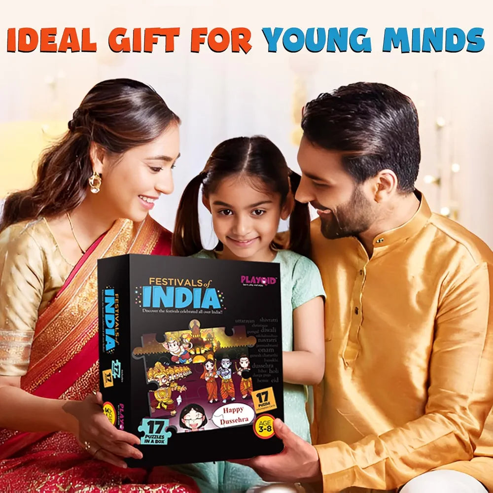 Playqid Festivals of India Puzzle for Toddlers and Children Step-by-Step Jigsaw 17 Growing Puzzles with Flashcards Educational Montessori Gifts for Kids