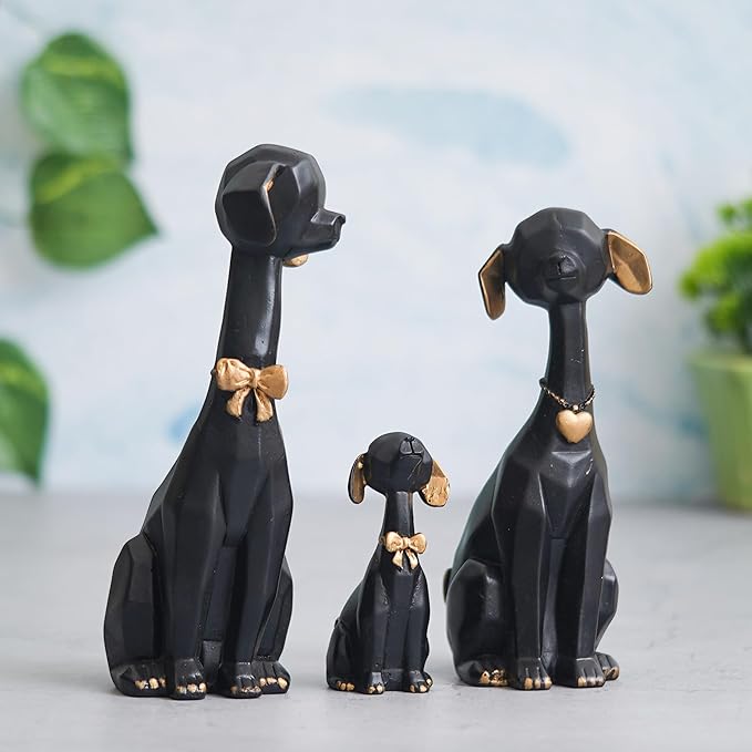 Ecraftindia Black Golden Set of 3 Cute Dog Statues Animal Figurines Decorative Showpieces