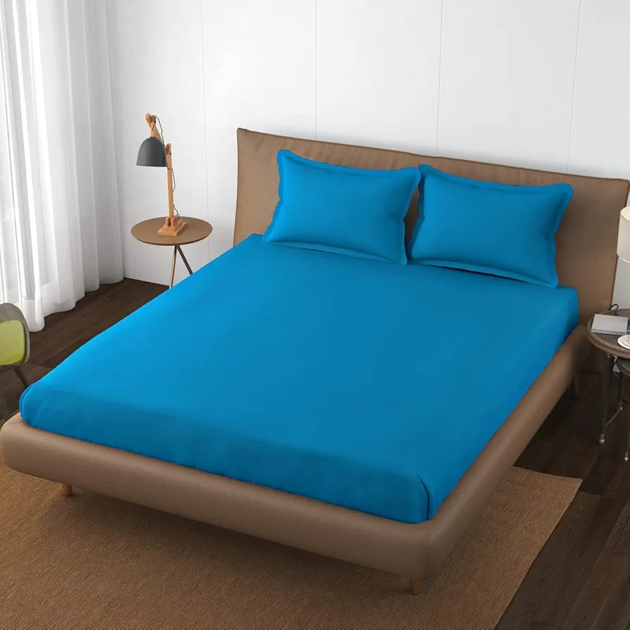 Trance Home Linen 100% Cotton 78x72 inch King Elastic Fitted Bedsheet 400TC Soft Durable Plain with 2 Pillow Covers Colour Peacock Blue
