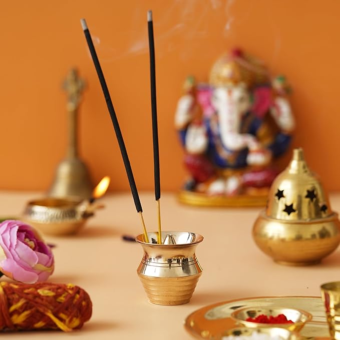 Ecraftindia Golden Pot Shape Brass Agarbatti Stand for Pooja | Incense Stick Holder With Ash Catcher | Agarbatti Holder