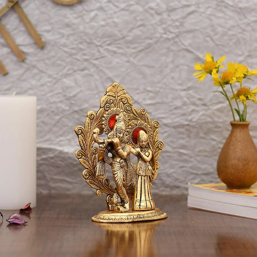 Collectible India Gold Plated Metal Radha Krishna Statue Radha Krishan Idol Showpiece Figurine