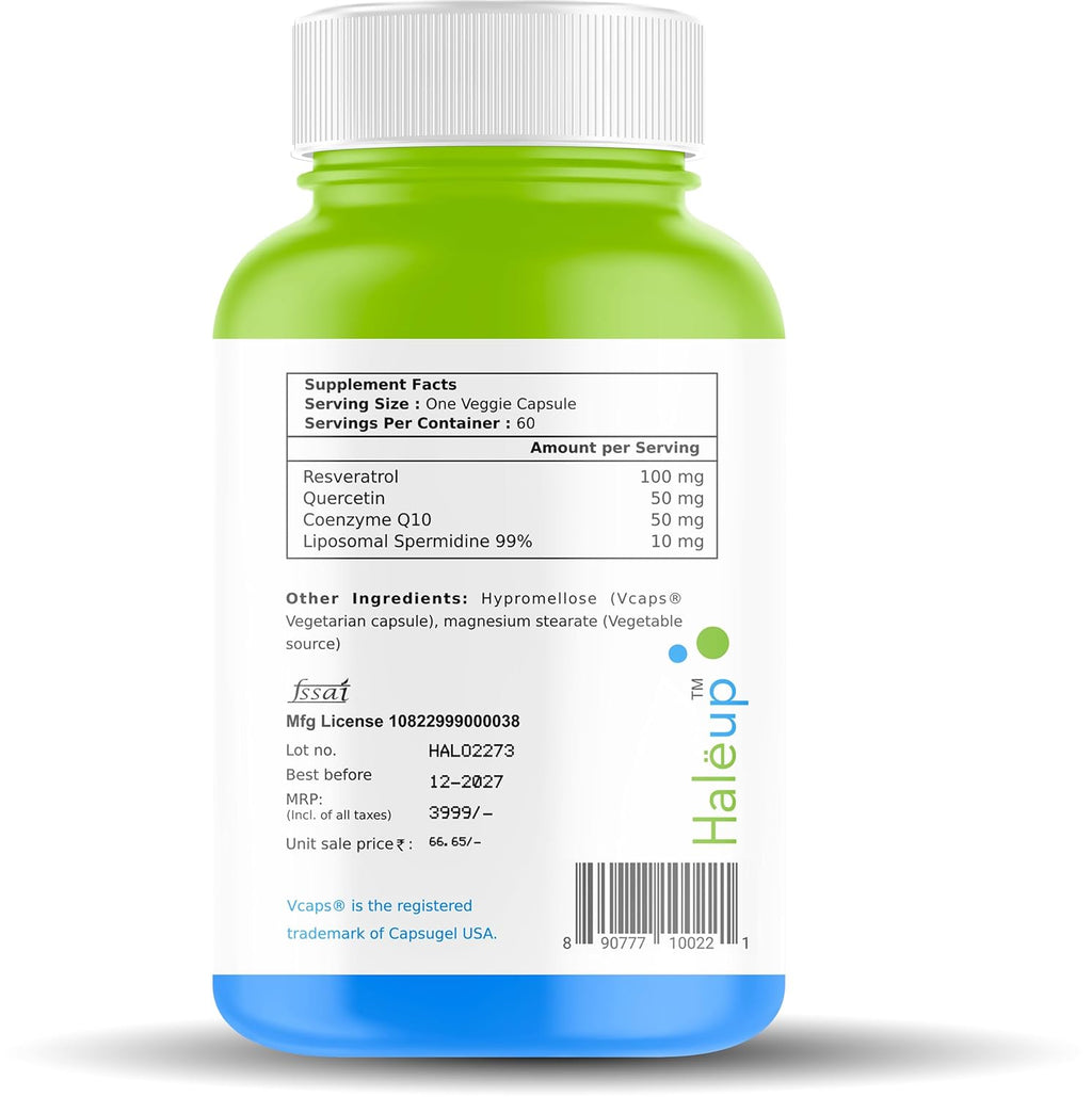 Haleup USA 99% Liposomal Spermidine Trihydrochloride with Resveratrol| For Healthy Ageing | Autophagy| Cell Renewal | Immunity| Skin and Hair | Cognitive Support (1 pack X 60s count)