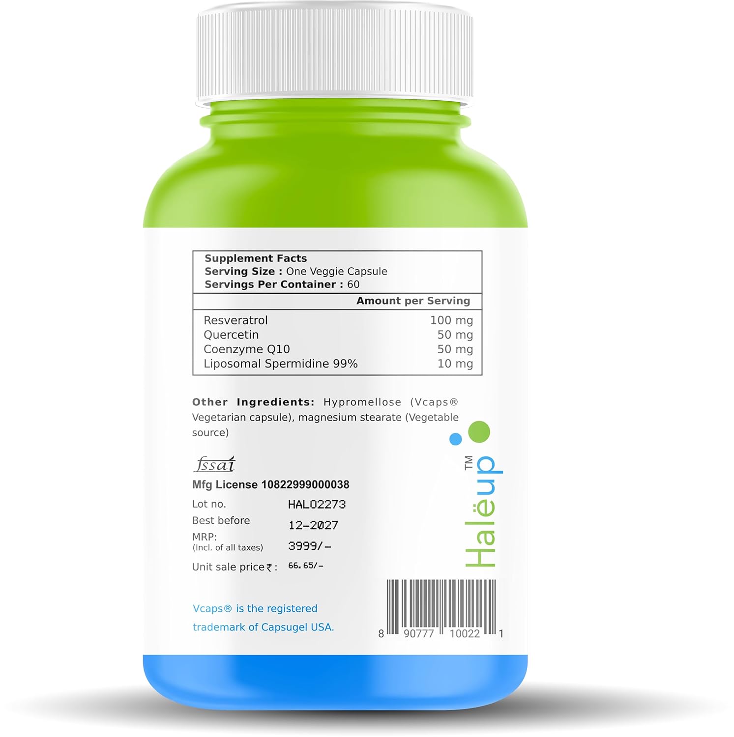 Haleup USA 99% Liposomal Spermidine Trihydrochloride with Resveratrol| For Healthy Ageing | Autophagy| Cell Renewal | Immunity| Skin and Hair | Cognitive Support (1 pack X 60s count)