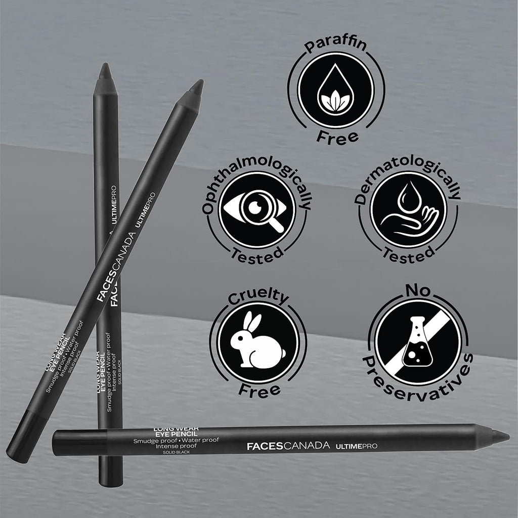 FACESCANADA Ultime Pro Longwear Opaque Eye Pencil - Solid Black 02, 1.2 G|8 Hr Long Stay|Smooth One Stroke Application|Intense Color Pay Off|Soft Blendable Formula|Smudge Proof|Water Proof