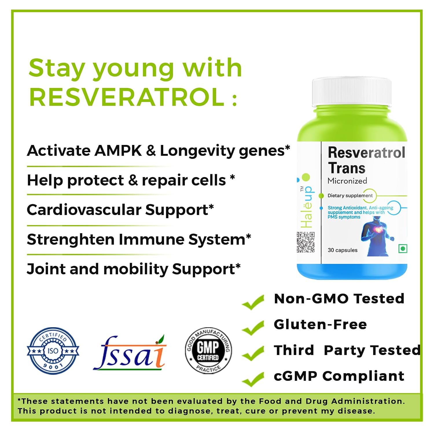 Haleup Resveratrol 99.9% Capsules 500 mg (Lab Certified) Trans Micronized Japanese Knotweed| Promotes Anti-Aging & Brain Health, Glowing Skin, Antioxidant, Max Absorption - 30 Veg Capsules