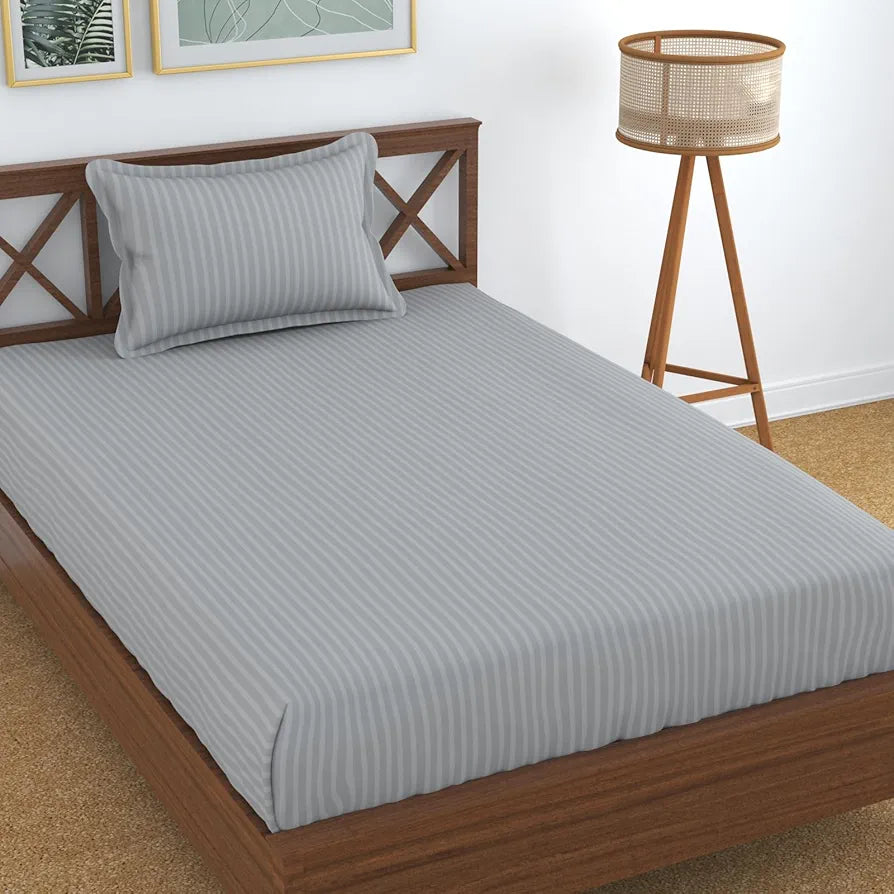 Homefab India 160 TC Stripe Glace Cotton Single BedSheet with 1 Pillow Cover Silver