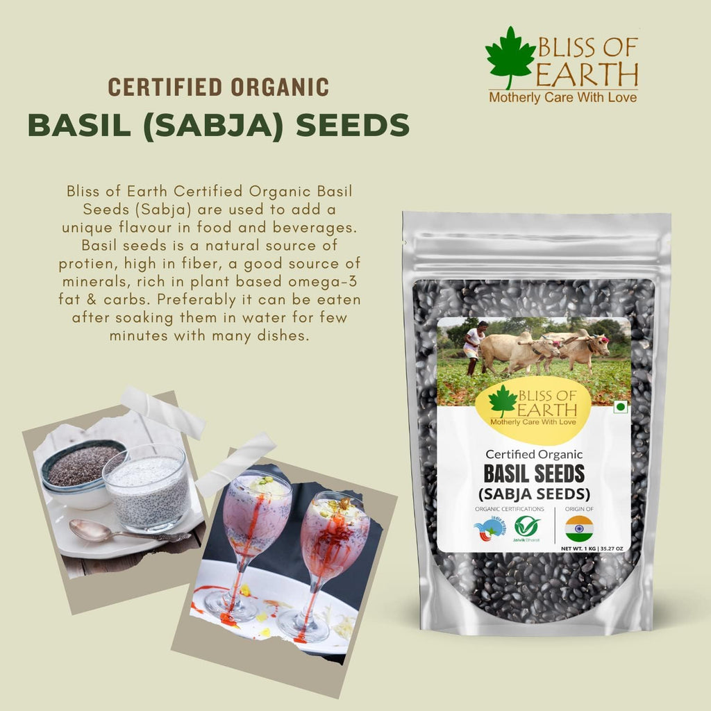 Bliss of Earth Basil Seeds Organic Sabja Seeds, Tukmaria Seeds Fiber & Omega-3 Rich Good for weight loss, Hydration Tiny Power House 1KG