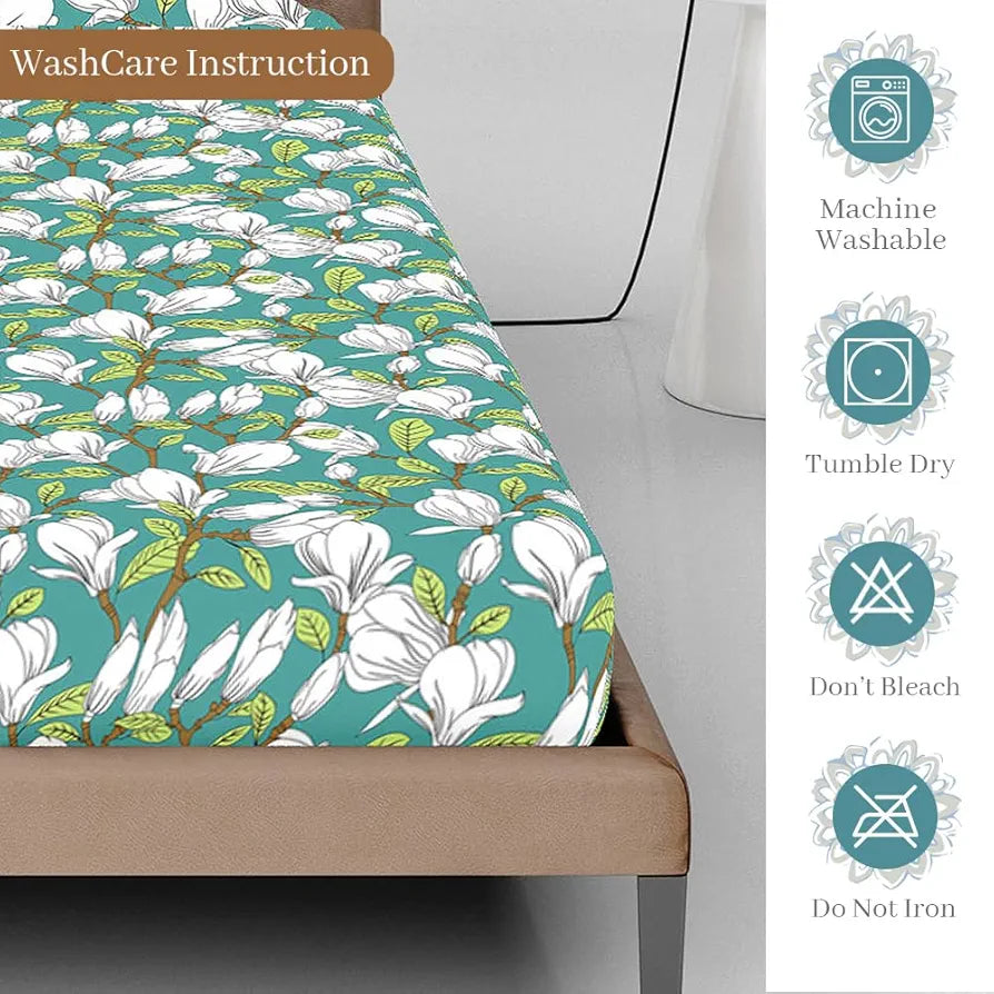 Divine Casa 144 TC Cotton Floral Print Queen Size Fitted Bedsheet with 2 Pillow Covers Elastic & Comfortable Bedding Colour Aspen Green