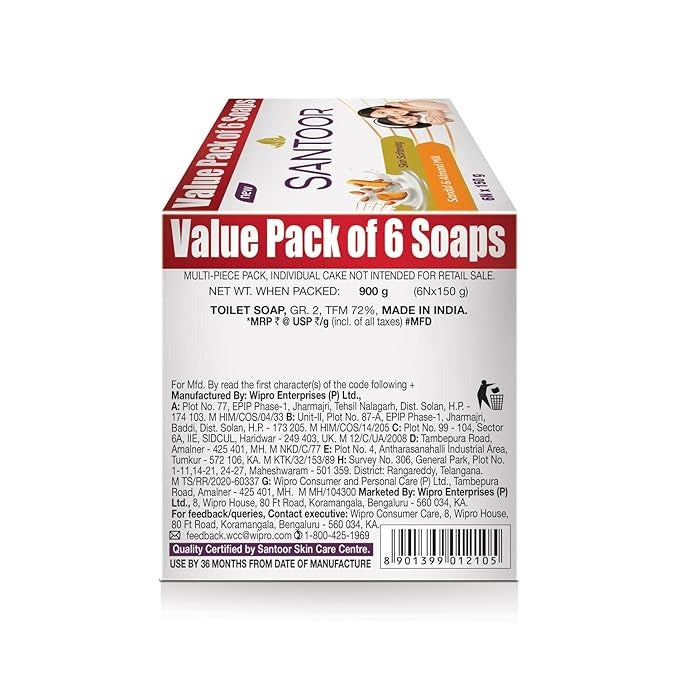 Santoor Skin Softening Sandal & Almond Milk Bathing Soap - 150 gms (Pack of 6)