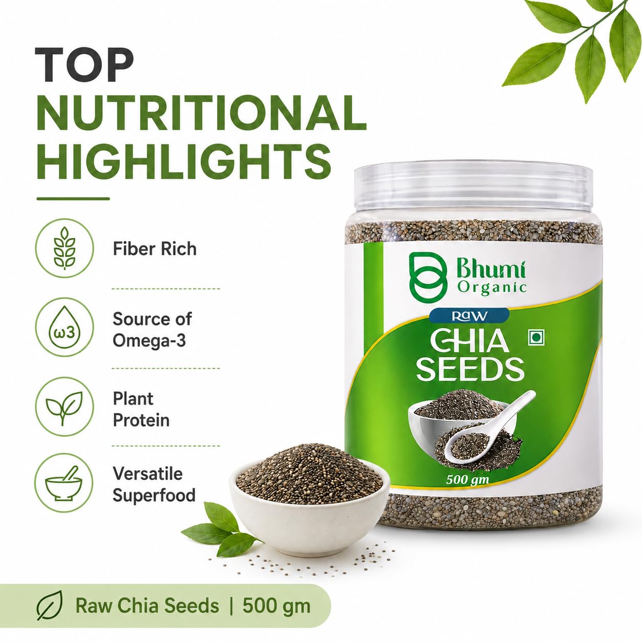 Bhumi Organic Chia Seeds 500g | Seeds for Eating, Rich in Calcium, Rich in Protein, Rich in Fibre