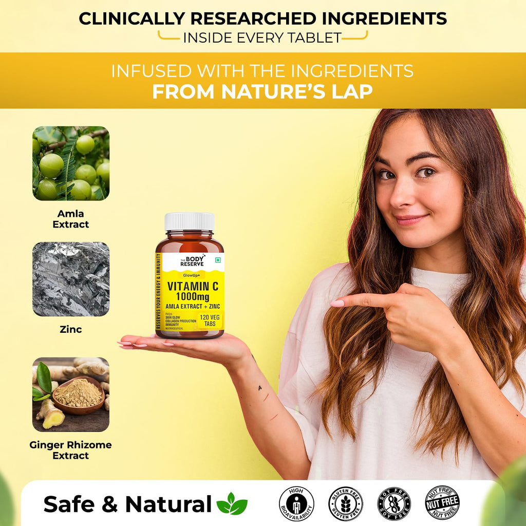 THE BODY RESERVE Vitamin C Tablets with Amla Extract, Zinc & Ginger | 120 Tablets | Daily Dietary Supplement