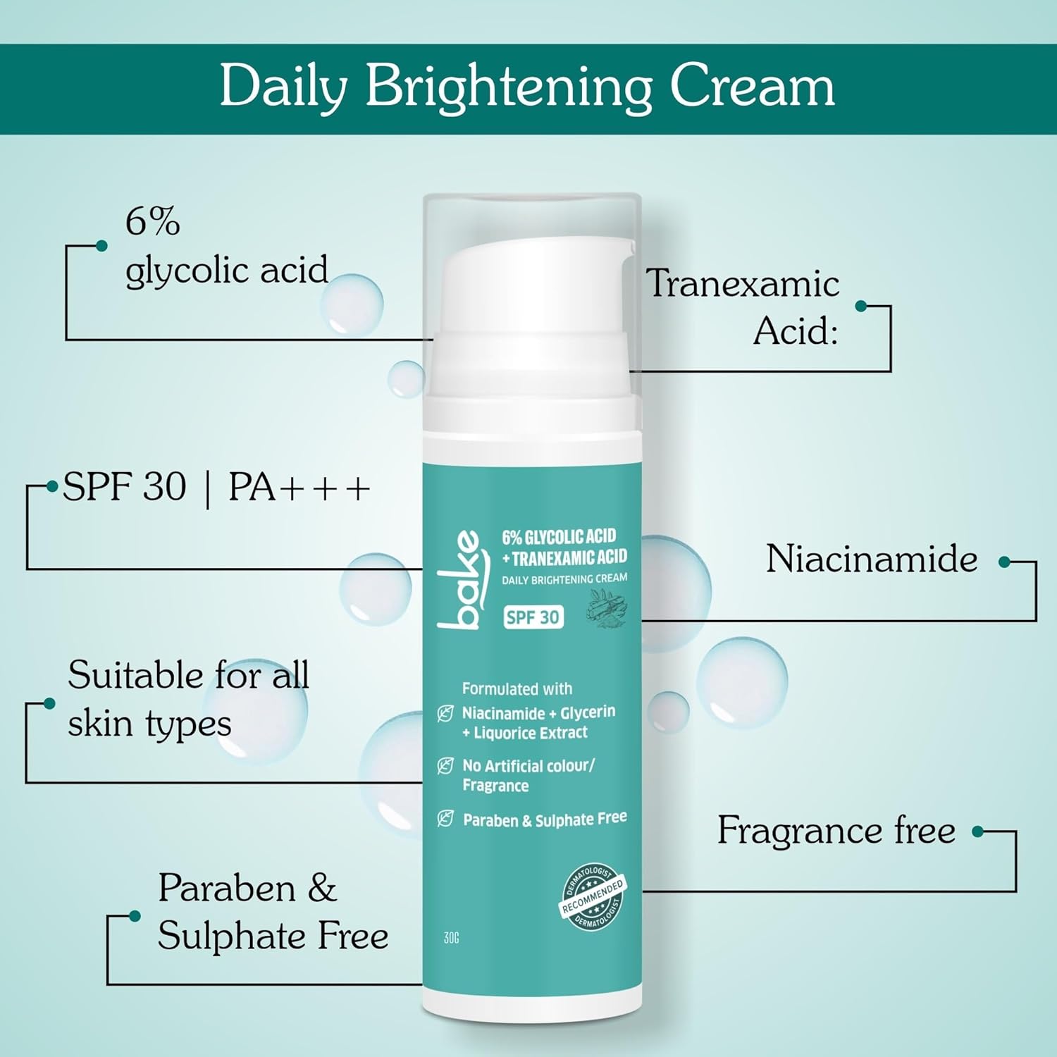 BAKE 6% Glycolic Acid Cream with Niacinamide for Pigmentation, Dark Spots & Tan Removal | Daily Brightening Cream | Improves Uneven Skin Tone & Reduces Sun Damage | For Men & Women | 30g