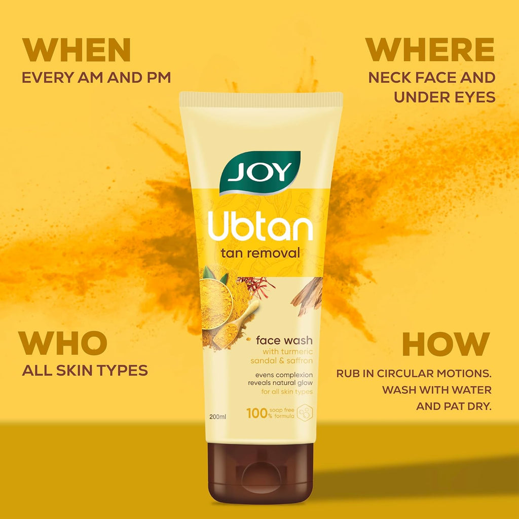 Joy Ubtan Tan Removal Face Wash 200ml | Detans & Brightens, Removes Dirt & Blemishes for a Natural Glowing Skin | Enriched With Turmeric, Saffron & Sandalwood | Suitable for All Skin Types