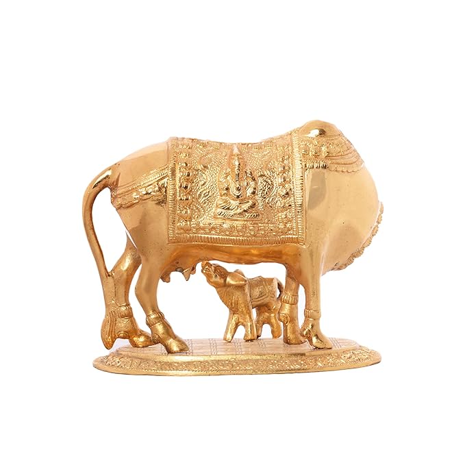 Ecraftindia Golden Kamdhenu Cow and Calf Metal Figurine