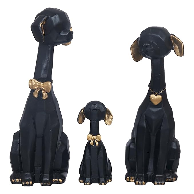 Ecraftindia Black Golden Set of 3 Cute Dog Statues Animal Figurines Decorative Showpieces