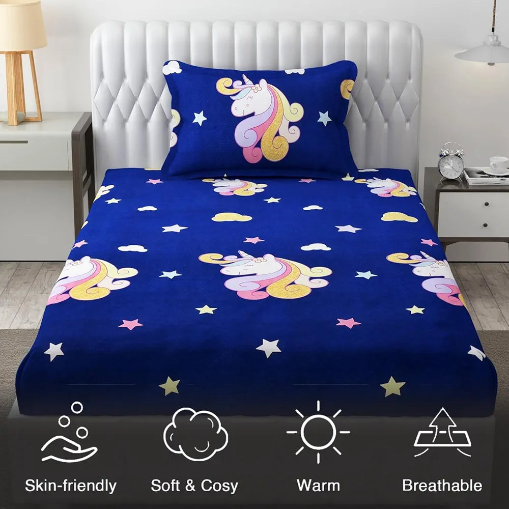 Fresh From Loom 300 TC Elastic Fitted Bed Sheet Cartoon Printed Bedsheets For Kids With 1 Pillow Cover Dinosaur Blue Smallsingle