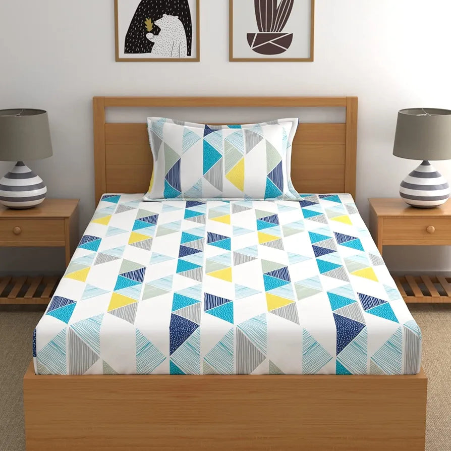 Dreamscape Cotton Single Bedsheet with 1 Pillow Cover Floral Teal Blue