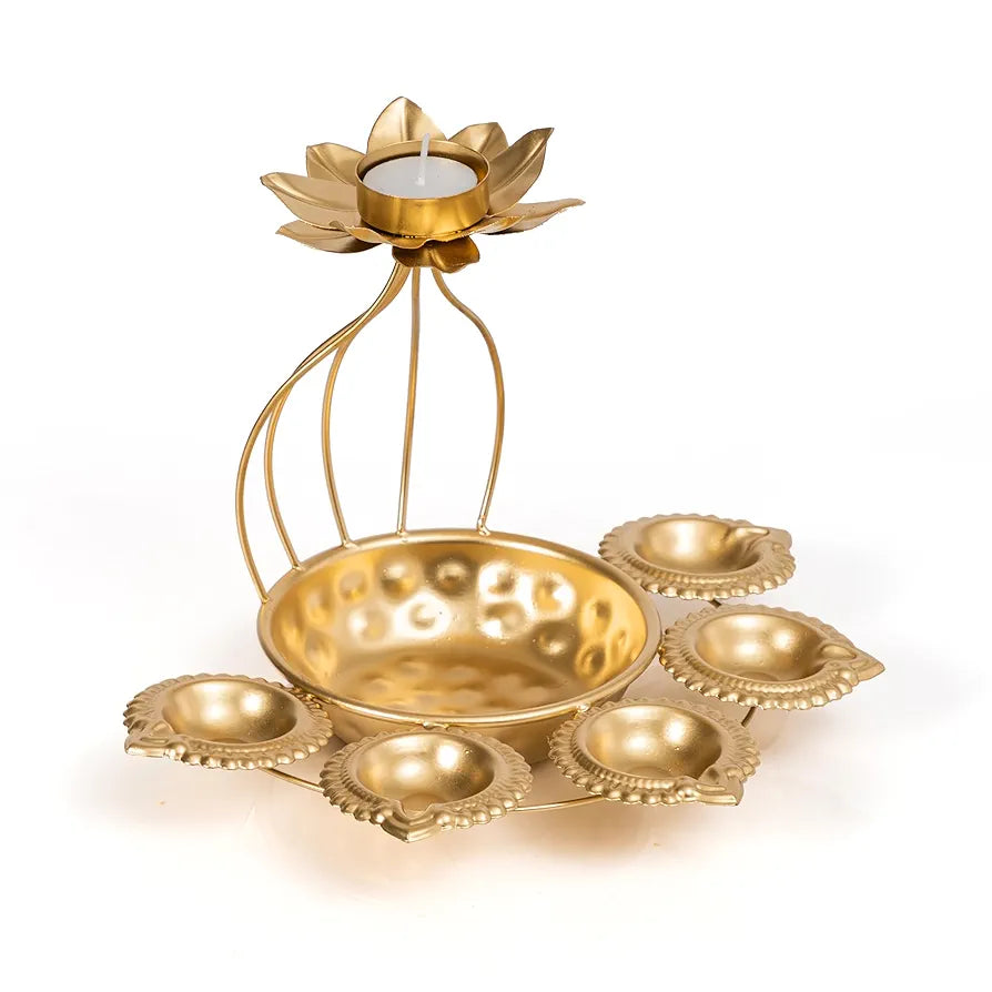 Metal Lotus Tealight Candle Holder with Base of Urli Bowl and Diya Gold