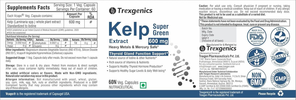 Trexgenics Kelp extract Super Greens, Thyroid Support VEGAN & Gluten Free (60 Vcaps)