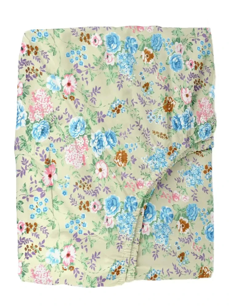 Trance Home Linen 180TC 100% Cotton 78"x72" Standard King Size Elastic Fitted Bedsheet Printed King Bed Size with 2 Pillow Covers Colour Green Vintage Woods