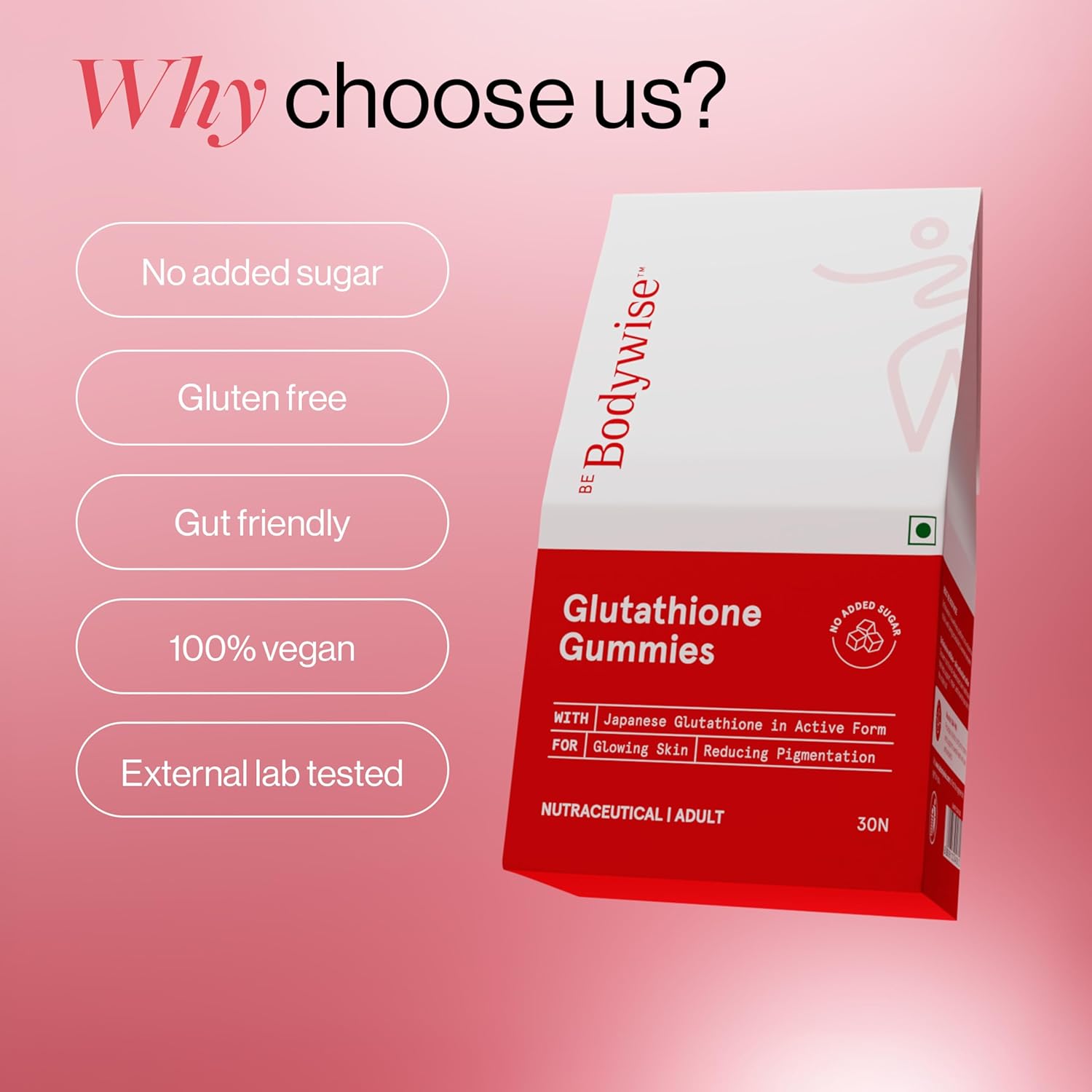 Be Bodywise Glutathione Gummies for Clear and Radiant Skin | Reduces Pigmentation, Enhances Radiance, Protects Against Pollution & UV Damage | With 250mg Gluthione per serving | L-Glutathione, Lycopene, Vitamin C |  30 Gummies