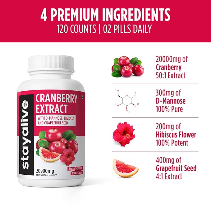 StayAlive Cranberry Supplement for UTI PCOS PCOD 20900mg 50:1 Cranberry Extract - 120 caps