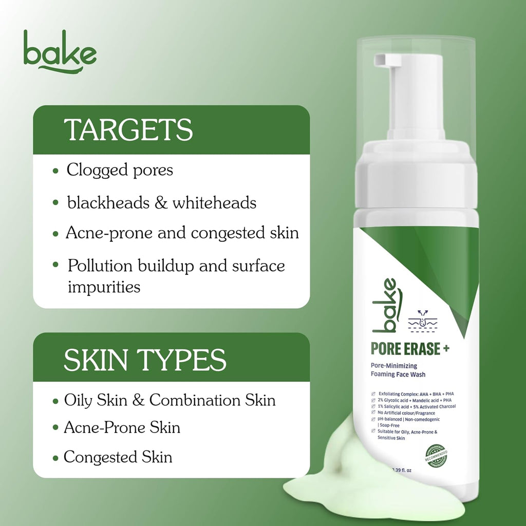 BAKE Pore Erase Foaming Face Wash with 2% Glycolic Acid, 1% Salicylic Acid & Mandelic Acid | Unclogs Pores, Reduces Blackheads & Whiteheads, Controls Sebum | For Oily, Acne Prone & Combination Skin â€“ 100ml