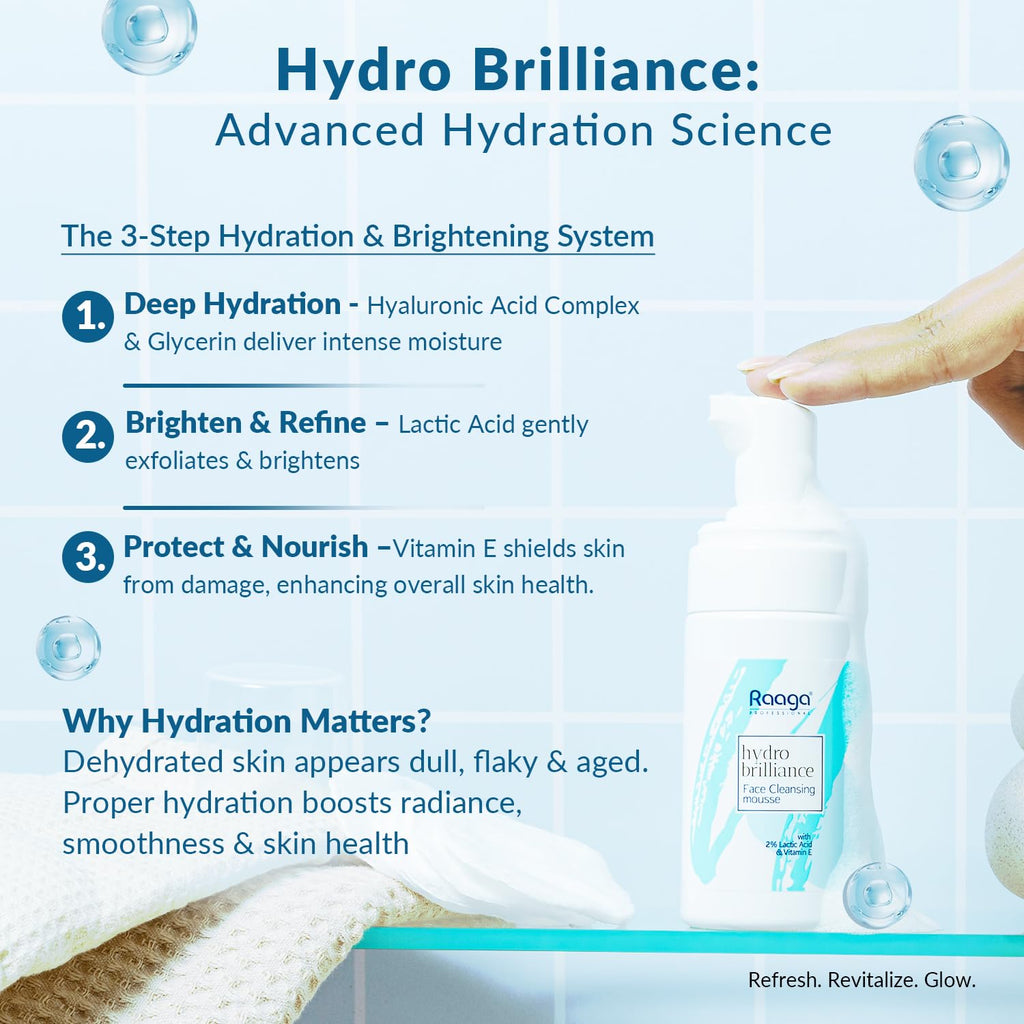 Raaga Professional Hydro Brilliance Face Cleansing Mousse with 2% Lactic Acid and Vitamin E | Paraben Free, Sulphate Free, Dermatologically Tested (100 ml)
