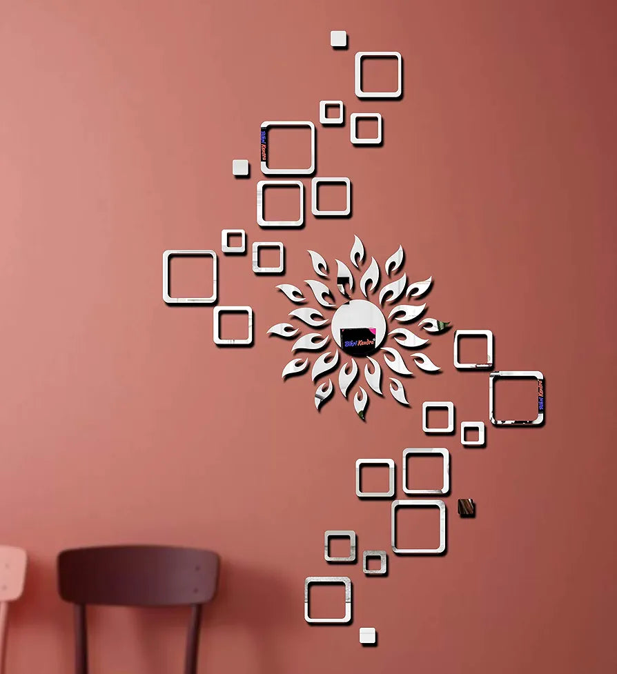 Bikri Kendra Glass Sun Silver Square Decorative Mirror Stickers for Wall 4 Set 3D Acrylic Stickers