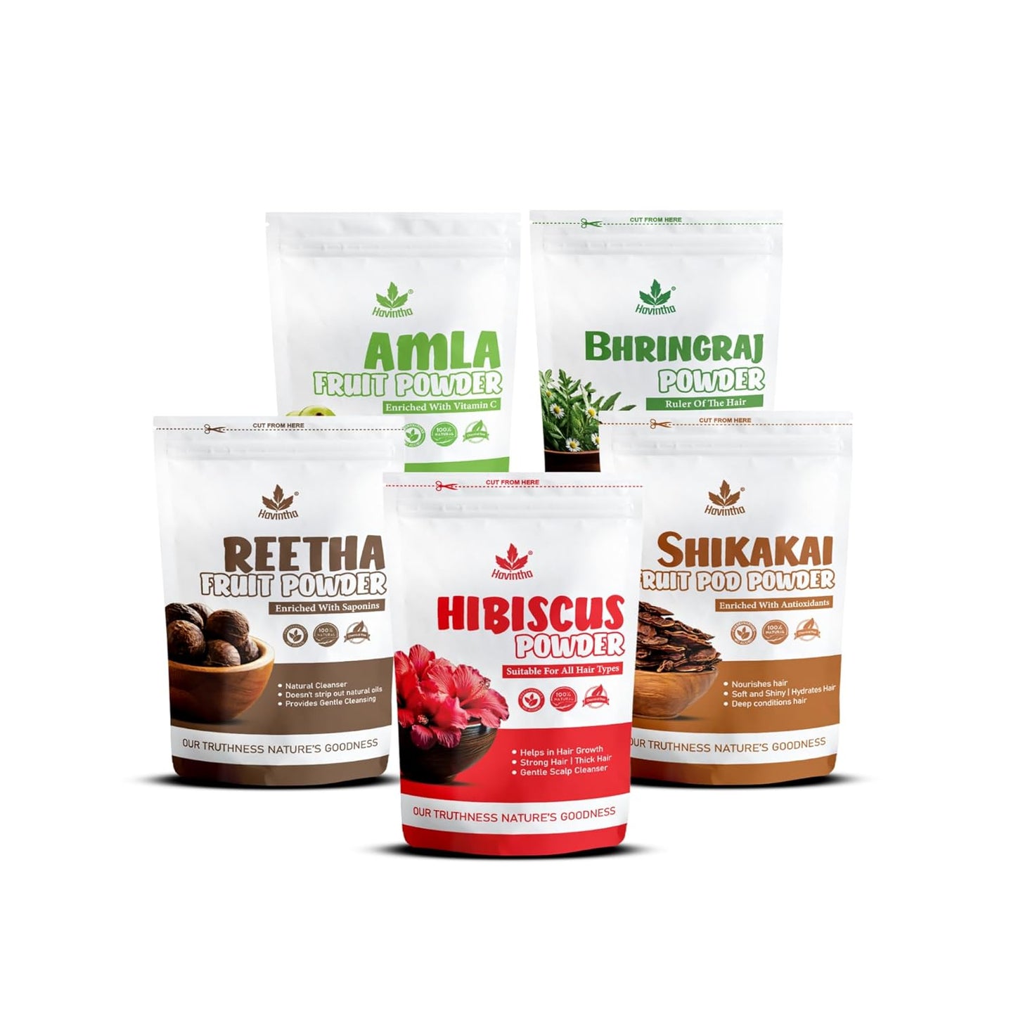 Havintha Amla, Reetha, Shikakai, Bhriangraj and Hibiscus powder for Hair care Each - 50 gms Combo Pack of 5