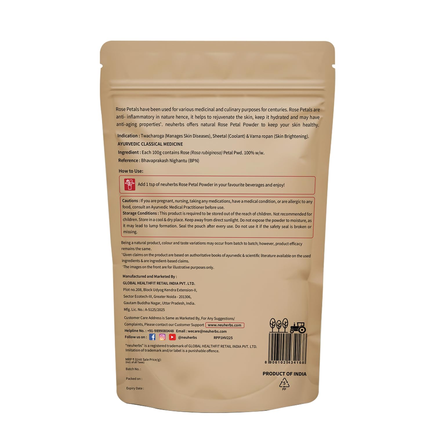 Neuherbs Rose Petal Powder - 100g | Antioxidant Support To Revitalize Skin Health | 100% Pure & Natural | Rose Powder for Face Mask, Tanning & Glowing Skin.