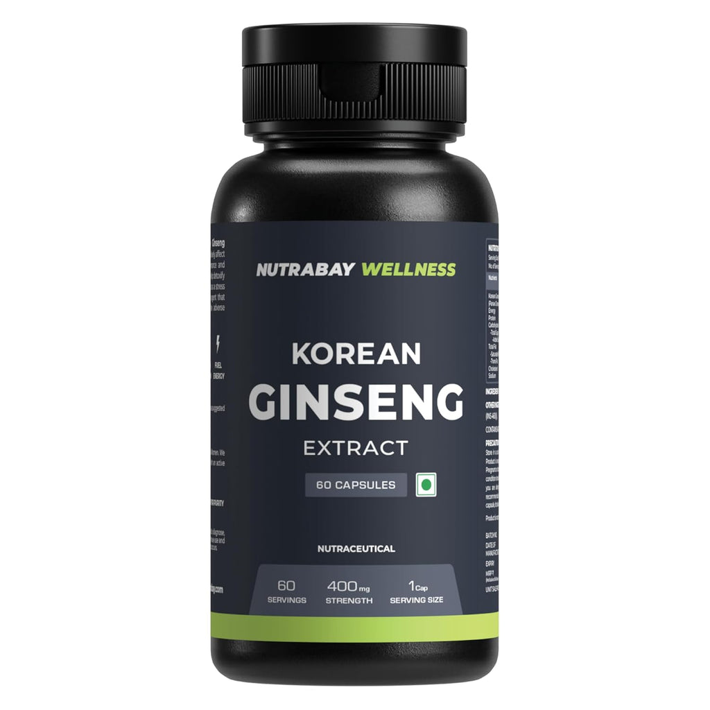 Nutrabay Wellness Korean Ginseng Extract (Panax Ginseng) - Support Vitality, Stamina, Energy, Mental Health & Performance - 400mg, 60 Veg Capsules