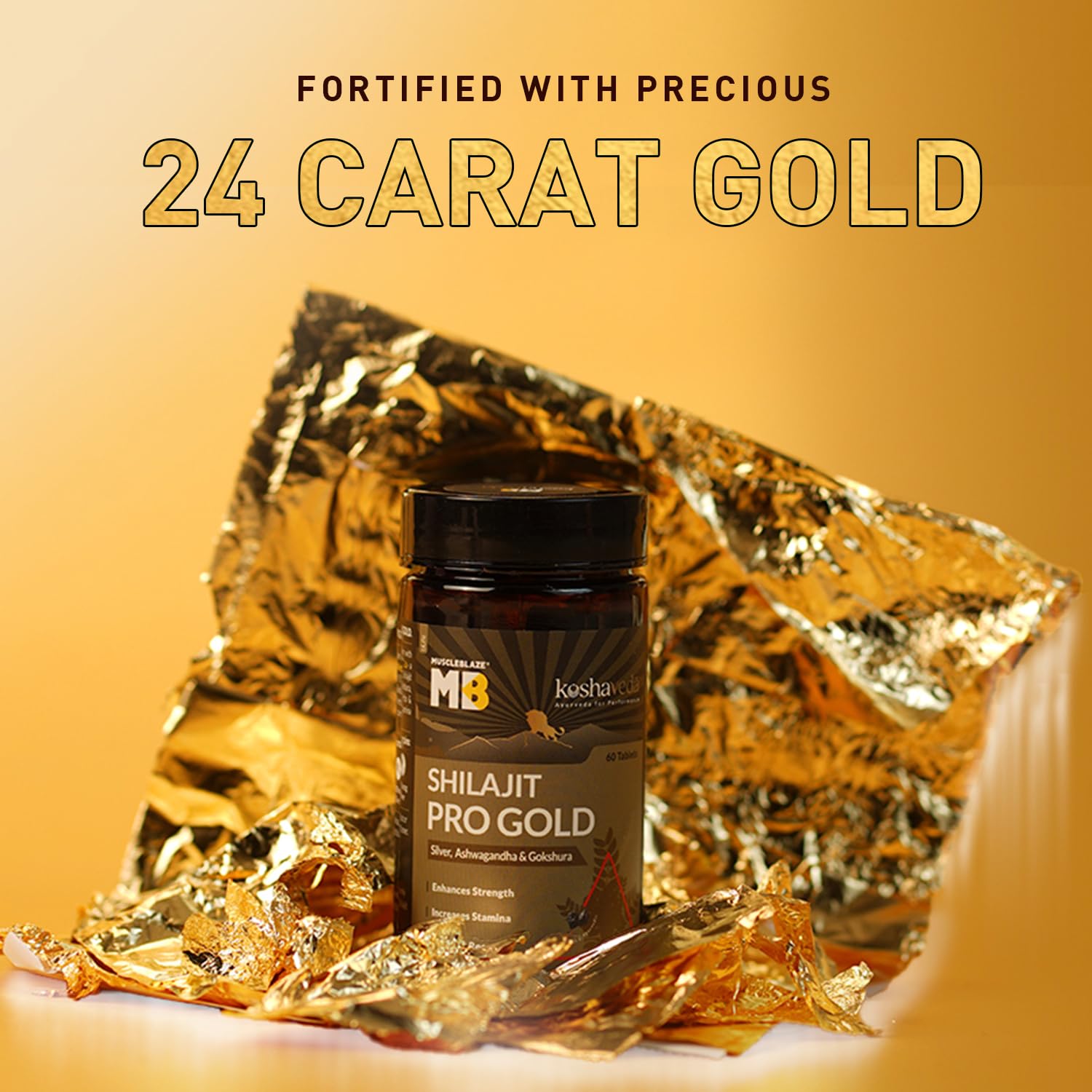 MuscleBlaze Koshaveda Shilajit Pro Gold by (60 Tablets) | Fortified with 24 Carat Gold, Shilajit, Ashwagandha & Gokshura | For Strength, Stamina & Recovery