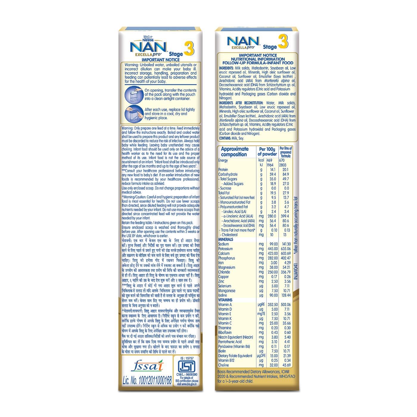 NestlÃ© NAN EXCELLAPRO Nan Stage 3 Follow-Up Formula Milk Powder For Babies, 12-24 months, With DHA, ARA, 400g Pouch in Box