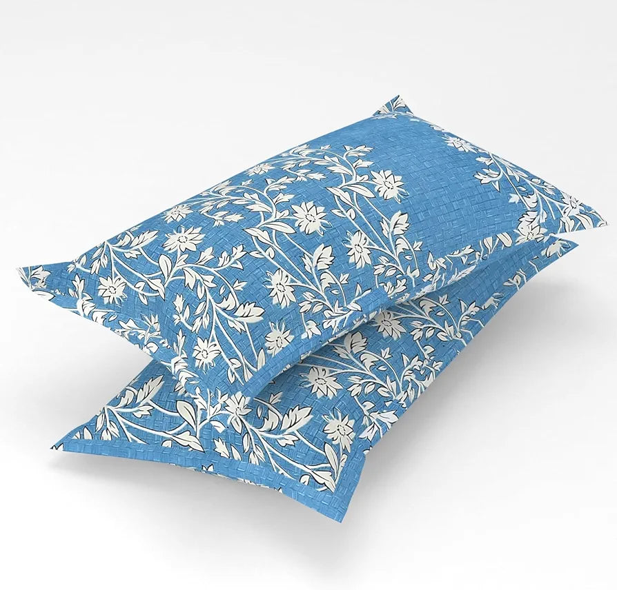 Homefab India 160 TC Glace Cotton Double BedSheet with 2 Pillow Covers Blue Floral