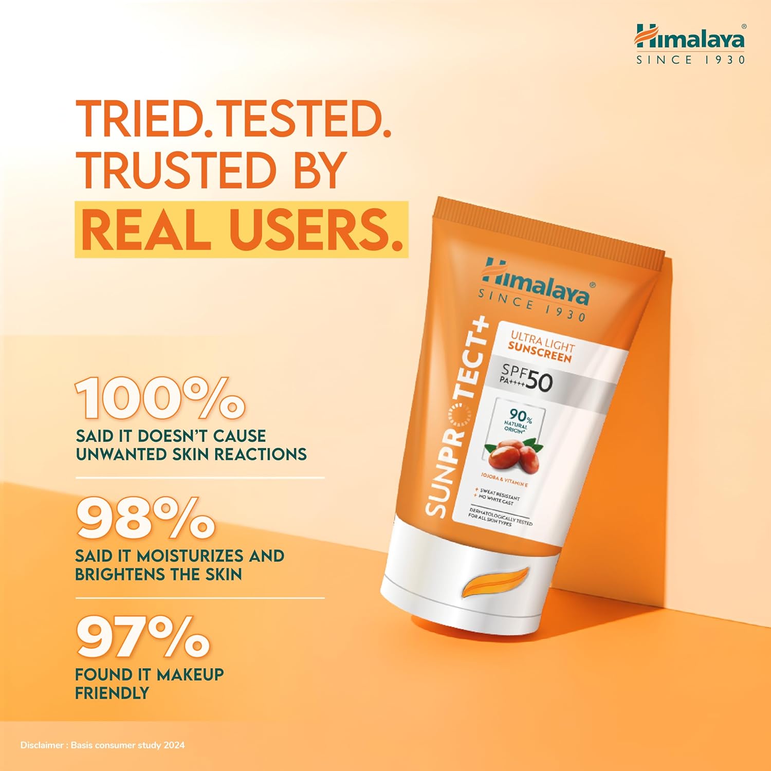 Himalaya Sun Protect+ Ultra Light Sunscreen | 90% Natural Origin Ingredients | In vivo tested SPF 50 PA++++ | Dermatologically tested for all skin types | No white cast | Sweat Resistant | 30g