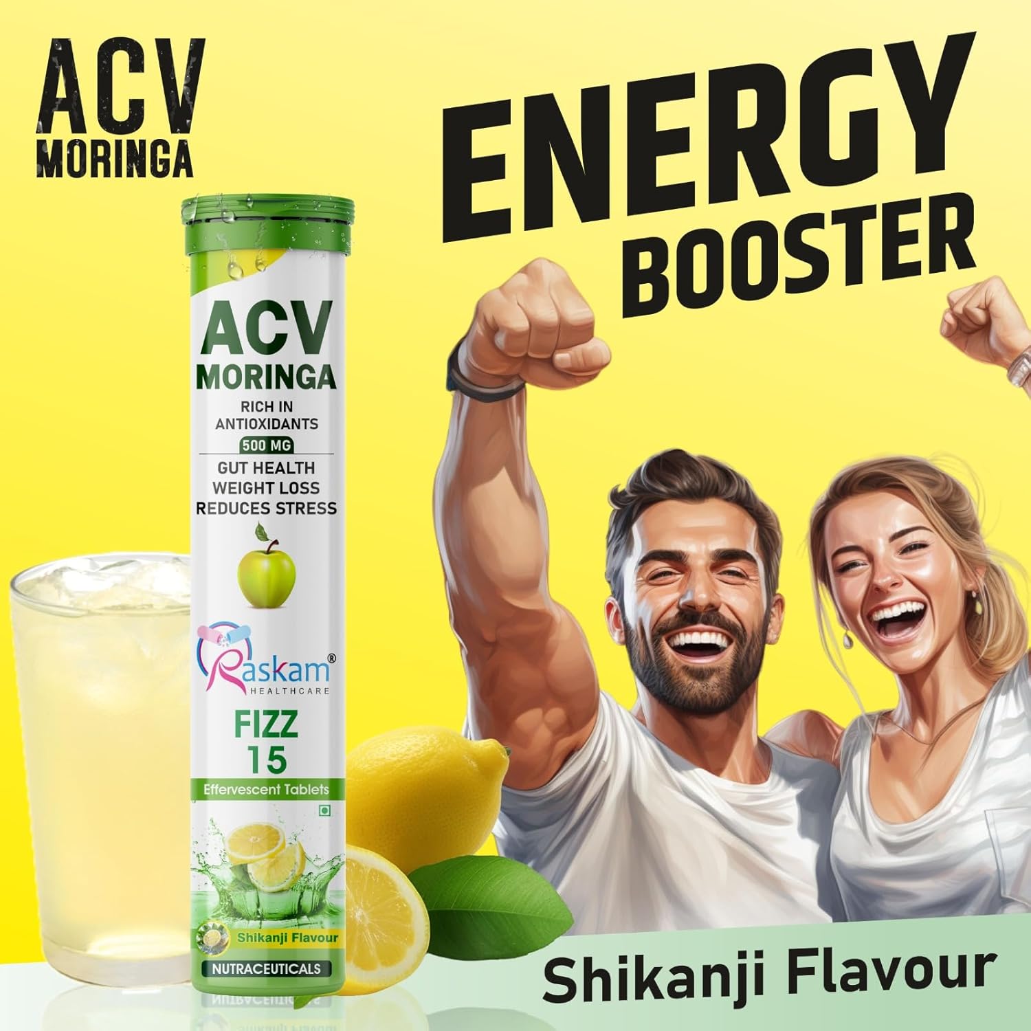 ACV Moringa Effervescent Tablets | 15 Tablets, 500mg Natural Energy & Immunity Booster with Antioxidants (Shikanji)